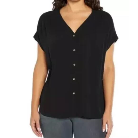 Orvis Short Sleeve Button Front Blouse V-Neckline Black Size Large - Picture 1 of 9